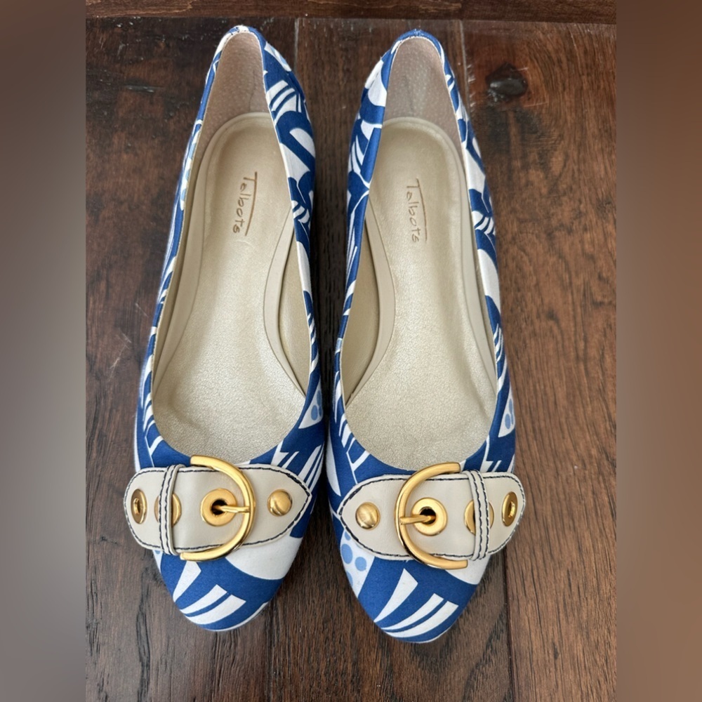 Talbots Blue and White Patterned Flats with Gold Buckle